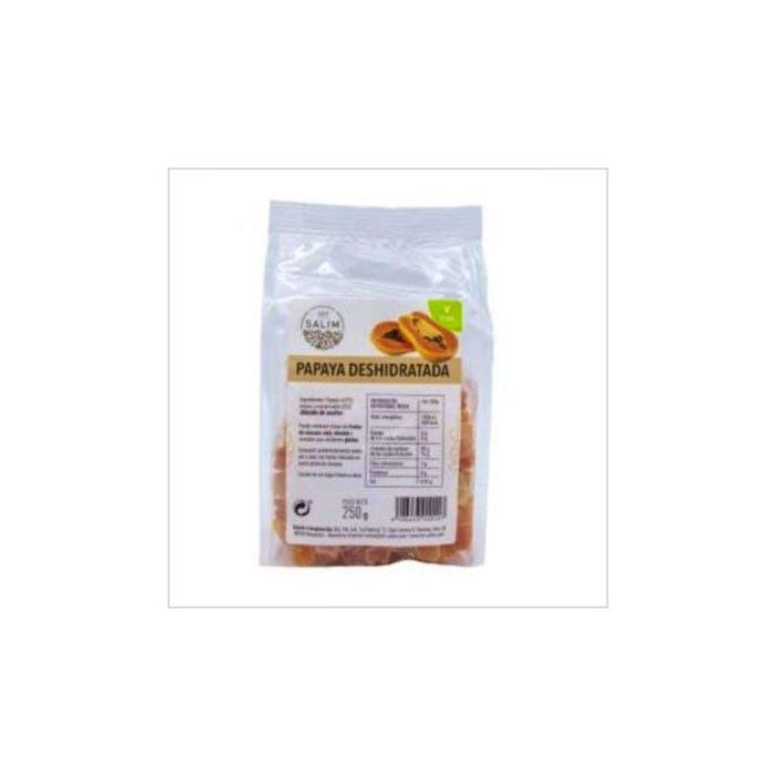 INT SALIM Papaya Deshidratada 250g endulzada. Con azúcar (38%) y conservante SO2. Puede contener trazas de frutos de cáscara o gluten.