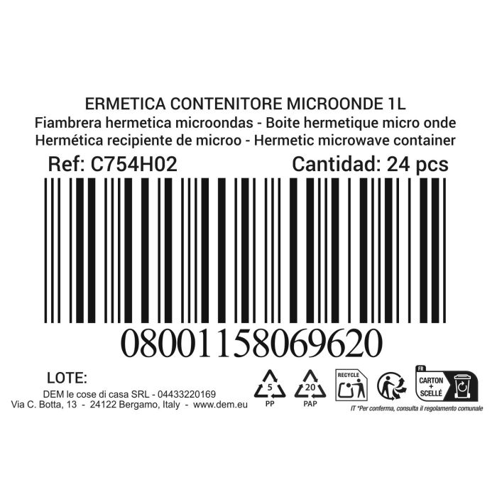 Dem Fiambrera Hermética 1L Rectangular para Microondas 18 x 12.5 x 7.5 cm (24 Unidades) 5