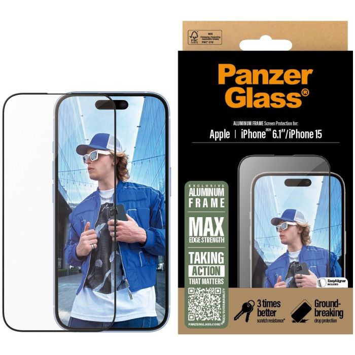PanzerGlass Protector Pantalla iPhone 16/15 UWF con Marco de Aluminio para Apple 6.1" 3