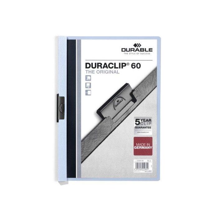 Durable Carpeta Duraclip Dossier Pinza Lateral, 60 Hojas, Polipropileno, DIN A4, Azul, Portada Transparente y Contraportada Opaca
