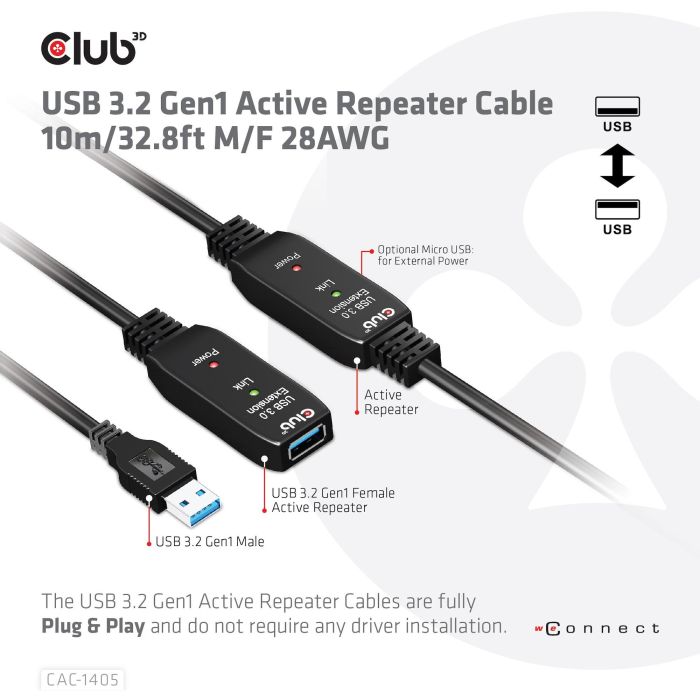 Club3D Cable de Extensión USB 3.2 Activo Tipo A Macho a Hembra 10m 5 Gbps 2