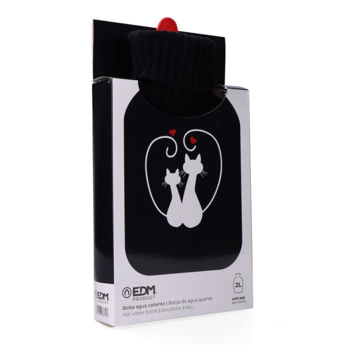 Edm Bolsa de agua caliente Gatos enamorados 2 l, negro con funda de lana, 20x34,5 cm 2