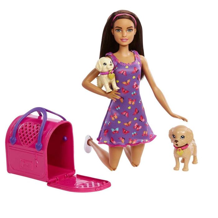 Barbie HKD86 Muñeca Adopta Perritos: Conjunto de Juego Interactivo Pup Adoption con 2 Cachorros Cambio de Color y Transportín - Edad +3 años 1