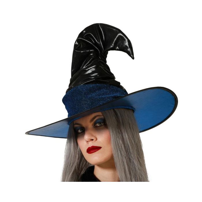 Sombrero De Bruja Negro Con Ala Azul Brillante Y Copa Rígida Halloween Disfraces Magia