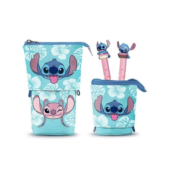Disney Lilo y Stitch Estuche Portatodo Vertical Azul con Cremallera + 2 Bolígrafos de Gel Borrables Tinta Azul 2