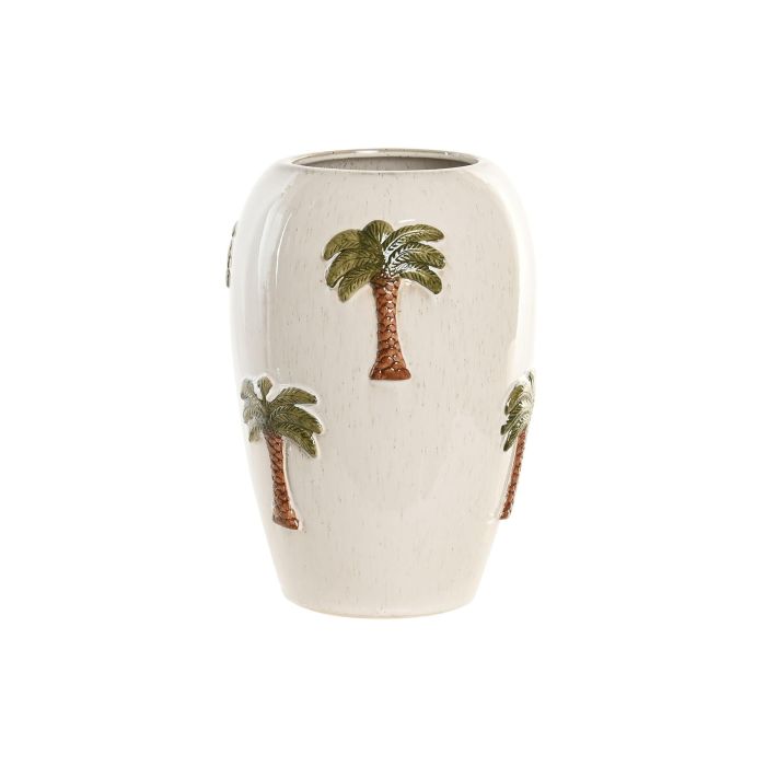 DKD Home Decor Jarrón Tropical de Cerámica Blanco/Marrón con Palmeras 21 x 29 x 21 cm (2 Unidades)