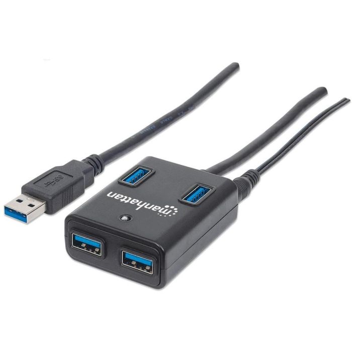 MANHATTAN Hub USB 3.0 Supervelocidad 4 Puertos Tipo-A, 5000 Mbit/s, Negro, Con Adaptador AC para PC/Mac