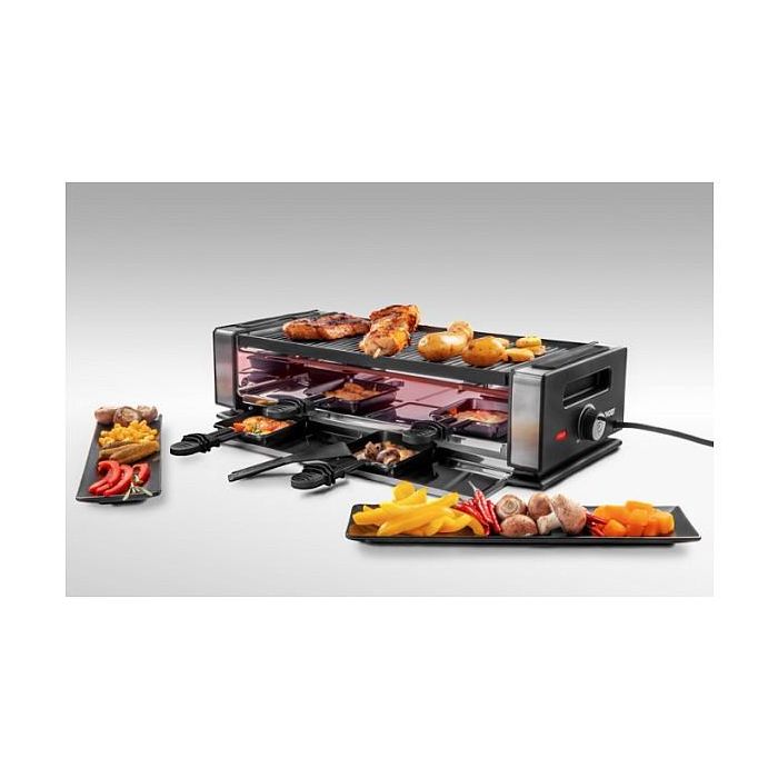 UNOLD Tischgrill Raclette Delice Basic 48760, para 8 personas, 2 placas antiadherentes desmontables, potencia 1200W, termostato ajustable, color negro y acero inoxidable 4
