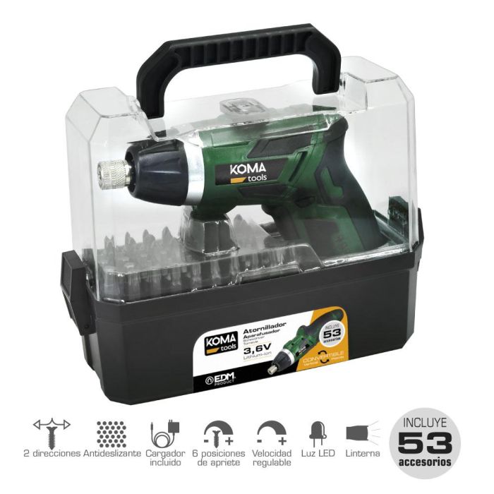 Koma Tools 3v-ar53 Atornillador a Batería Reversible 3.6V Litio-Ion 1300 mAh, 53 Accesorios, Mango Doble Posición, Par 3 Nm, Luz LED 3 Koma Tools 3v-ar53 Atornillador a Batería Reversible 3.6V Litio-Ion 1300 mAh, 53 Accesorios, Mango Doble Posición, Par 3 Nm, Luz LED 3