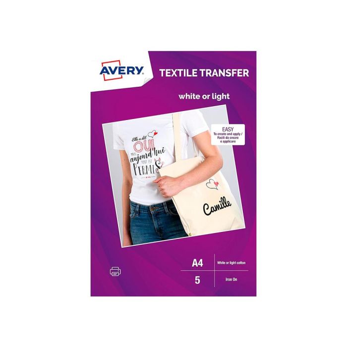 Papel Transfer Avery Algodon Claros Ink-Jet Din A4 Pack De 5 Hojas 1