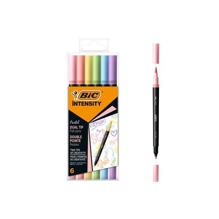 Bic Rotulador Intensity Tip Felt Pens Punta Fina-Pincel, Surtidos Pastel, Blíster 6 Unidades
