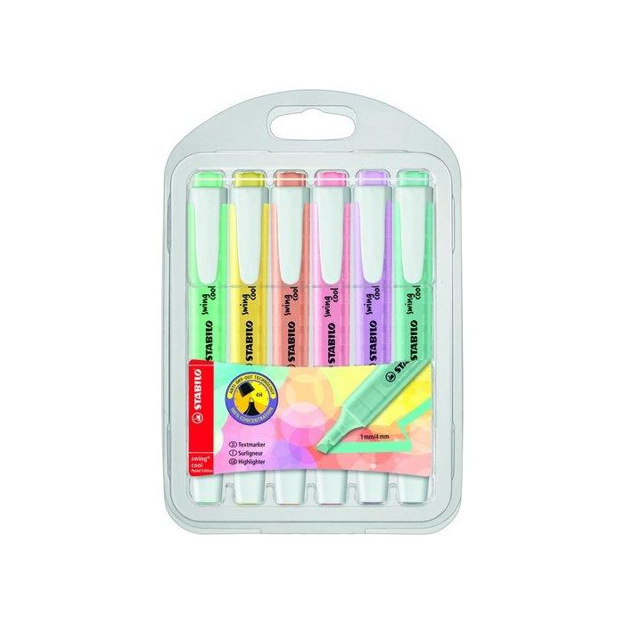 Stabilo Marcador Fluorescente Swing Cool Pastel, Punta Inclinada 1mm y 4mm, Anti Secado 4h, Blíster 6 Unidades