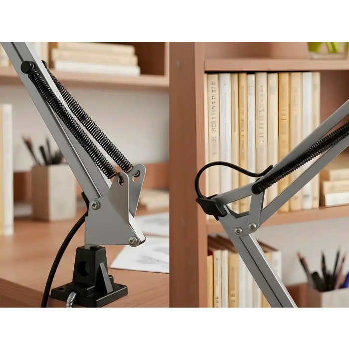 Q-connect Antares Lámpara de Escritorio Metálica con Pinza, Interruptor, Brazo Doble, 3 Articulaciones, Color Plata, Uso Oficina 6