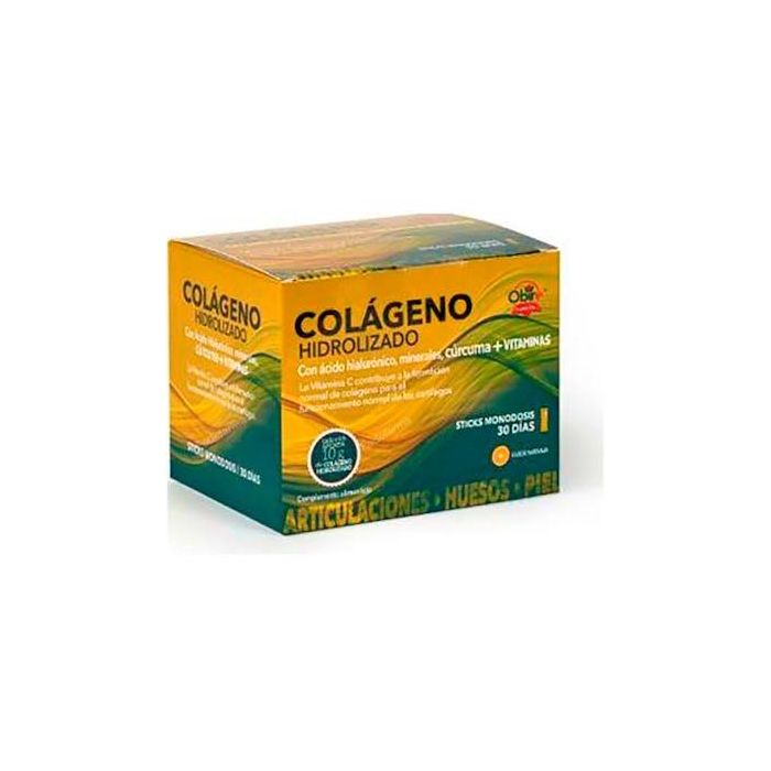 OBIRE Colágeno Hidrolizado 30 Sticks con Magnesio, Cúrcuma, Ácido Hialurónico y Vitaminas para Huesos y Articulaciones sabor Naranja