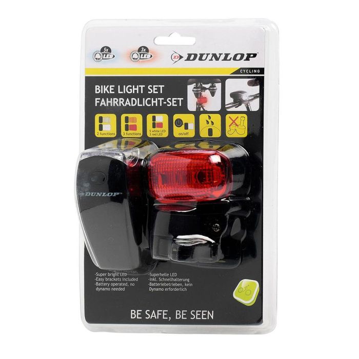 Dunlop Conjunto de 2 linternas de bicicleta, delantera y trasera, 2 funciones delantera, 3 trasera, 1 LED, pilas AAA no incluidas 1 Dunlop Conjunto de 2 linternas de bicicleta, delantera y trasera, 2 funciones delantera, 3 trasera, 1 LED, pilas AAA no incluidas 1