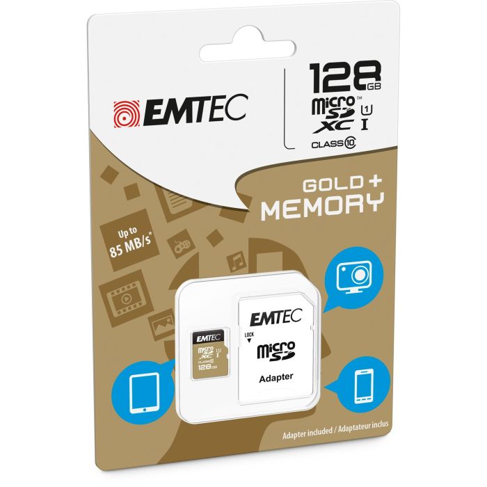 Tarjeta de Memoria Micro SD con Adaptador EMTEC microSD Class10 Gold+ 128GB 128 GB 1 Tarjeta de Memoria Micro SD con Adaptador EMTEC microSD Class10 Gold+ 128GB 128 GB 1