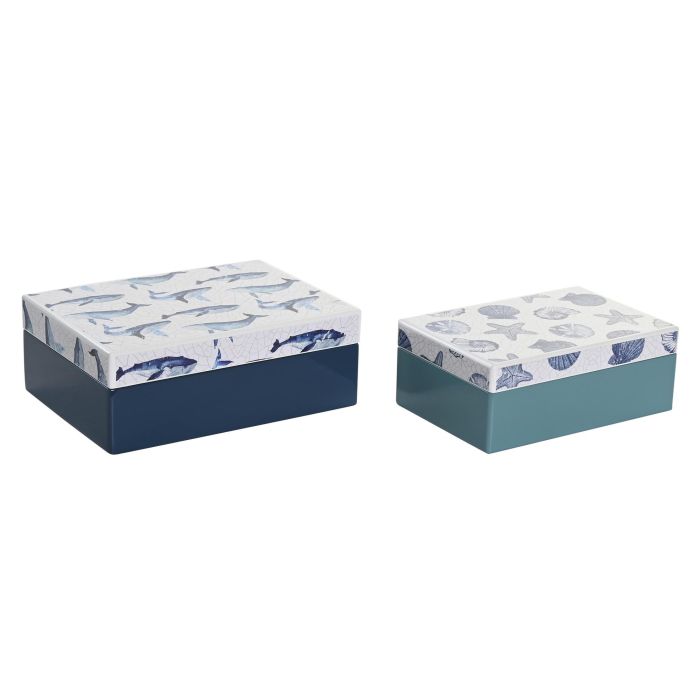 DKD Home Decor Caja Decorativa de Madera Estilo Mediterráneo con Diseño Marino Ballena Estrella Azul Celeste Marino 14.5x7.5x20 cm - Set de 2