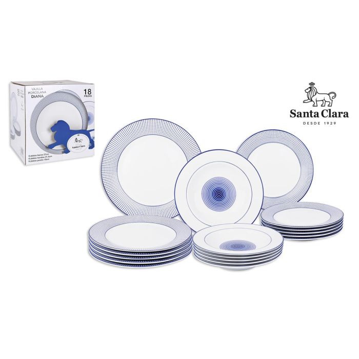 Santa Clara Vajilla Diana 18 Piezas, Porcelana Extra Blanca, Lavavajillas y Microondas (2 Unidades)