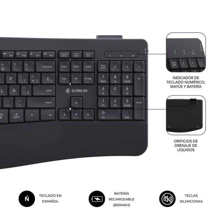 Subblim Combo Dual Office Prowave Teclado y Ratón Inalámbrico Ergonómico Recargable Bluetooth y USB Negro