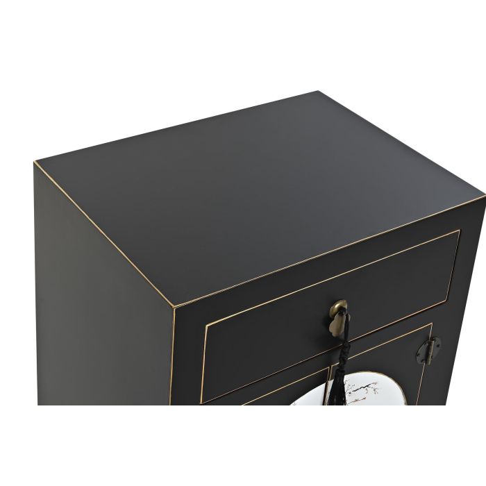 DKD Home Decor Mesita de Noche Oriental Masako, con 1 Cajón y 2 Puertas, de Abeto y MDF, Negro Blanco Dorado, 36x66x45 cm 1