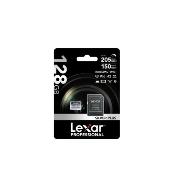 Lexar Tarjeta MicroSDXC Silver Plus 128GB UHS-I U3 V30 A2 hasta 205MB/s Lectura con Adaptador LMSSIPL128G-BNANG