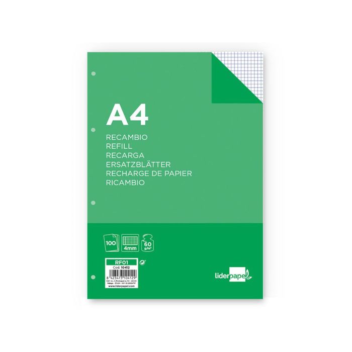 Recambio Liderpapel A4 100 Hojas 60 gr-M2 Cuadro 4 mm Con Margen 4 Taladros 1