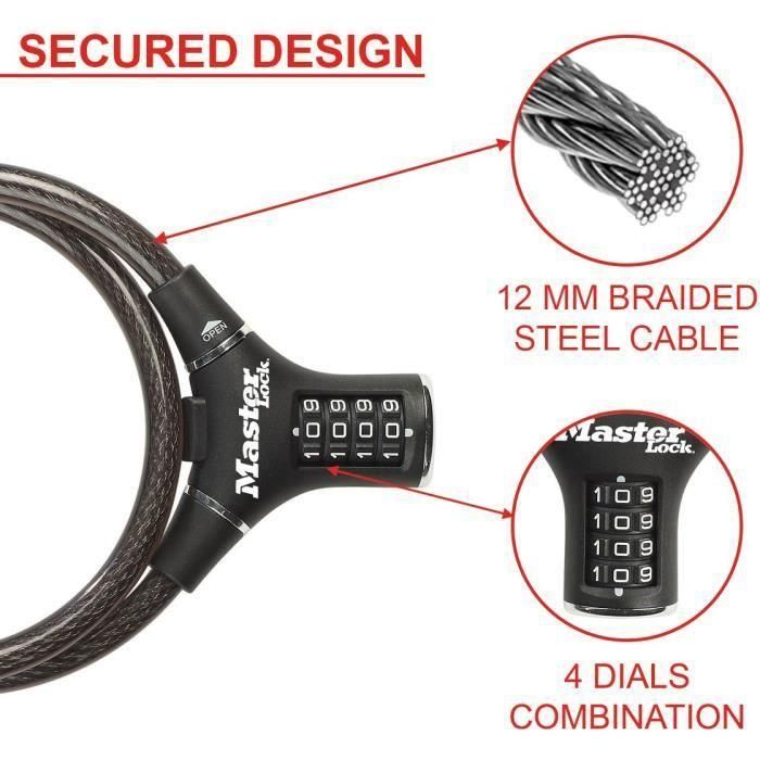 Candado para Bicicleta - MASTER LOCK - 8229EURDPRO - Cable de 90 cm - Negro - Acero trenzado 2