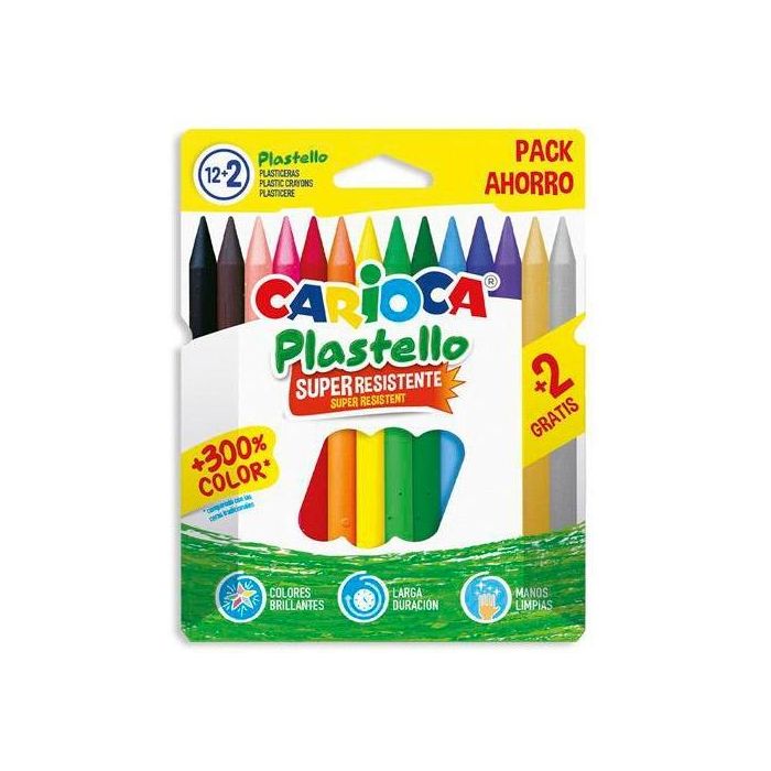 Carioca Plasticeras Plastello Resistentes Extra Limpias no manchan, lavables, colores brillantes, duran 3x más, fáciles de afilar, Estuche 12+2 Unidades Surtidas