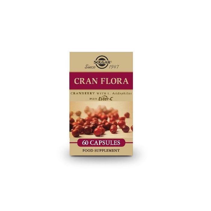 SOLGAR Cran Flora Arándano Rojo, Probióticos y Ester-C, Apoyo Tracto Urinario, 60 Cápsulas Veganas