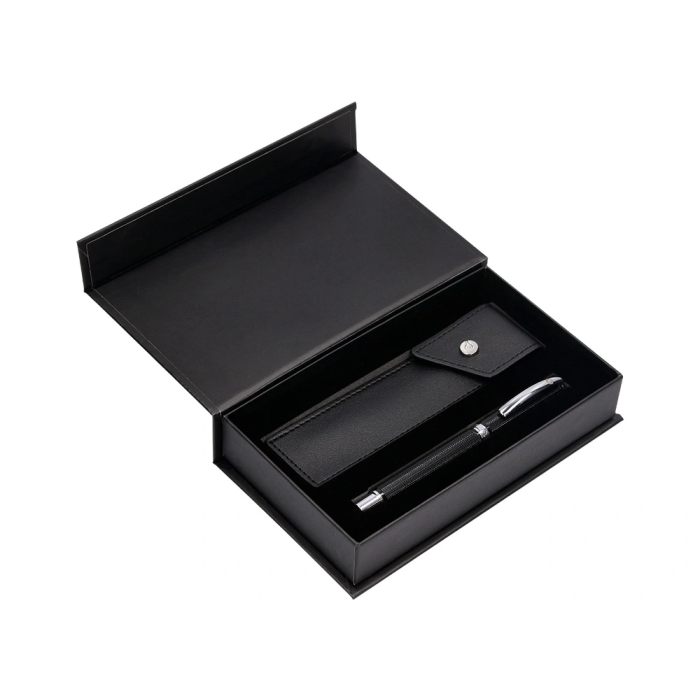 Belius Turbo Roller y estuche aluminio textura punteada negro plateado tinta negro caja de diseño 4