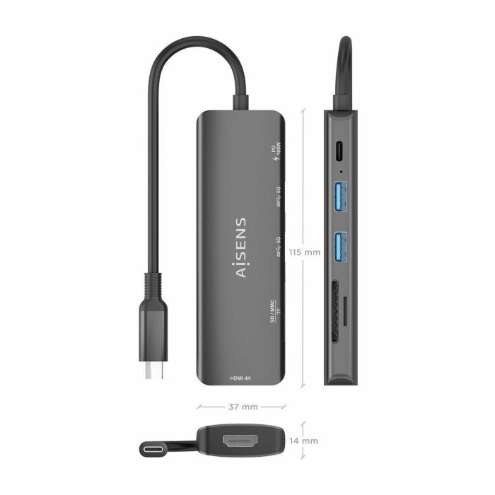Hub USB Aisens USB-C DOCK 6 EN 1 GRIS Gris 100 W 9