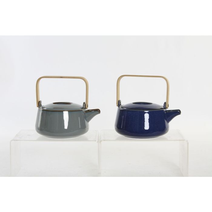 DKD Home Decor Tetera Scandi Gris 1L de Porcelana y Bambú. Apta Lavavajillas y Microondas. Medidas 17x10x21 cm.