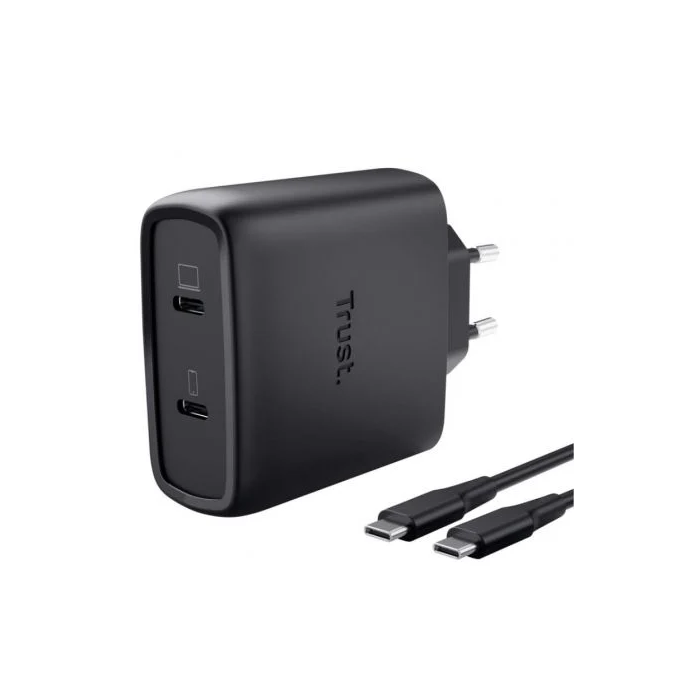 Trust Cargador GaN Maxo de Pared 65W 25525 - 2 Puertos USB-C PD 3.0 + PPS, Cable 2 m Incluido, 50% Material Reciclado, Compacto, Carga Rápida para Portátil, Tablet y Móvil