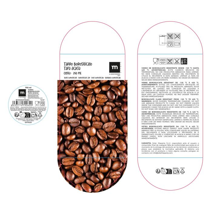 Inde Tarro Boro Silicato Ottico T/Acacia Red, Capacidad 750 ml, Medidas 9.2 x 9.2 x 15.7 cm (12 Unidades)