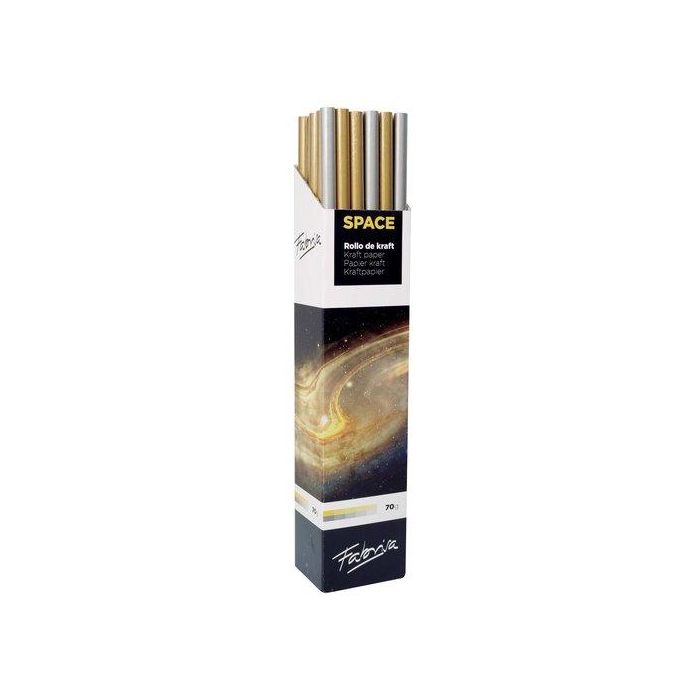 Papel De Embalar Kraft Rollo Fabrisa 1X3 Oro Y Plata Expositor De 30