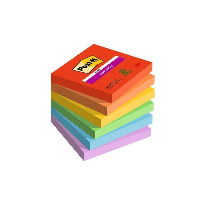 Post-it Notas Adhesivas Super Sticky Playful 76x76 mm, 90 Hojas, Colores Surtidos (Azul, Verde, Naranja, Morado, Rojo, Amarillo) - Pack de 6 Blocs