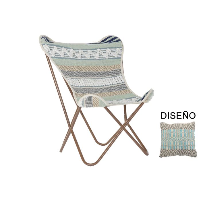 DKD Home Decor Sillon Boho Onari Algodón Hierro Azul Blanco Verde Menta, detalle Mariposa, Altura Asiento 40 cm, 65x74x90 cm, Desmontable