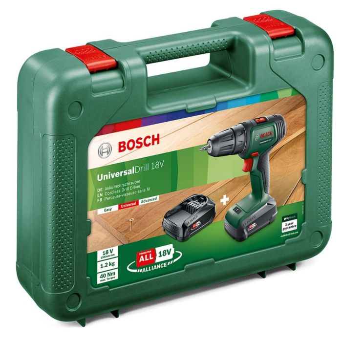 Taladro-atornillador a batería BOSCH -UniversalDrill 18 Caja 2 baterías 1,5Ah 1