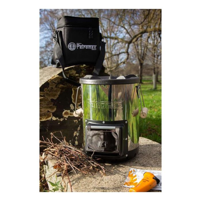 Petromax Raketenofen RF33 - Hornillo de Combustible Sólido de 1 Zona, Hierro Fundido/Acero Inoxidable, 250x300x330 mm, 6.5 kg, Negro/Plata