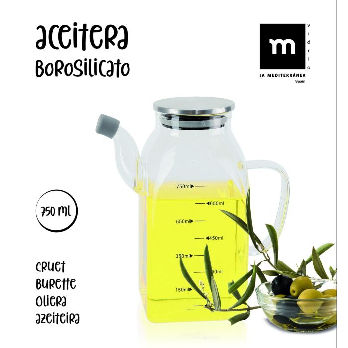 Aceitera cuadrada de borosilicato con tapa metal 750 ml - La Mediterranea (12 Unidades) 6 Aceitera cuadrada de borosilicato con tapa metal 750 ml - La Mediterranea (12 Unidades) 6