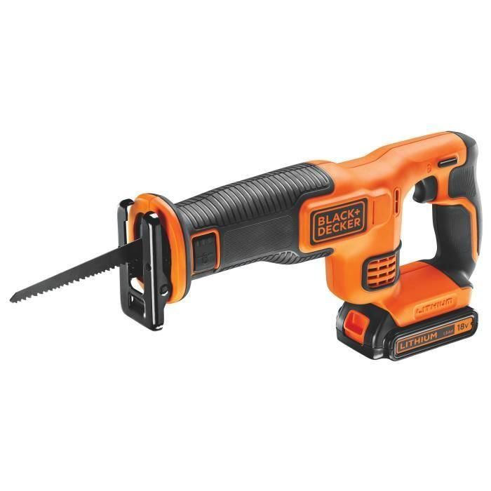 Black + Decker Sierra de Sable Inalámbrica 18V con 1 Batería 1,5Ah, Recorrido 22mm, Hoja 15cm 1