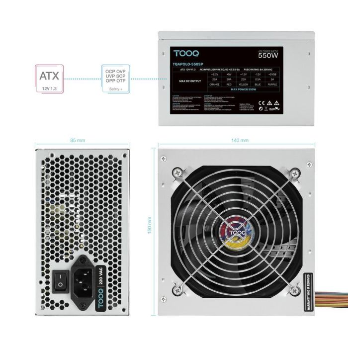 TooQ TQAPOLO-550SP Fuente de Alimentación PC 550W ATX 20+4 pines, PFC Activo, 78% Eficiencia, Ventilador 12cm, Plata 4