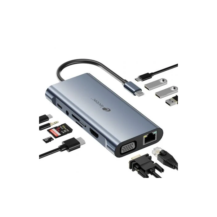 Leotec LEDS01 Docking USB Tipo-C, 3xUSB, 2xUSB Tipo-C, USB-C PD 100W, HDMI 4K, VGA, RJ45 Gigabit, Lector SD/MicroSD, Gris