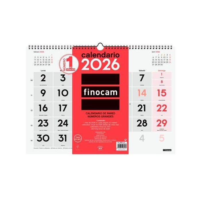Finocam L-430x310 mm Mv Neutro Calendario de Pared Números Grandes 2026, con espiral y colgador, festivos y fases lunares
