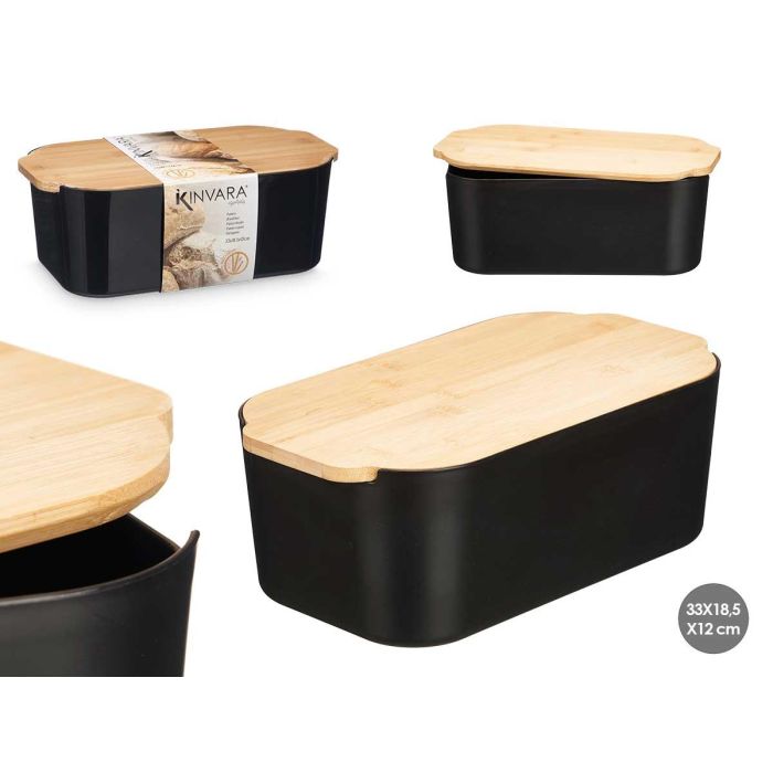 Kinvara Panera Negra con Tapa de Bambú 4,5 L, Plástico y Bambú, 33x18.5x12 cm (Set de 6)