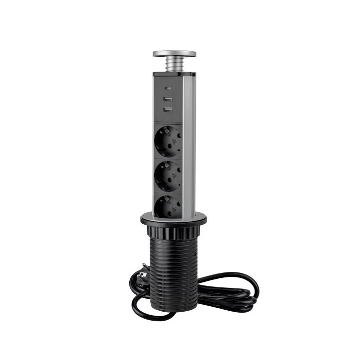 Emuca Multiconector extraíble Vertikal, 3 enchufes tipo Schuko, 1 USB tipo A, 1 USB tipo C, Plástico y Aluminio, Gris metalizado 0 Emuca Multiconector extraíble Vertikal, 3 enchufes tipo Schuko, 1 USB tipo A, 1 USB tipo C, Plástico y Aluminio, Gris metalizado 0