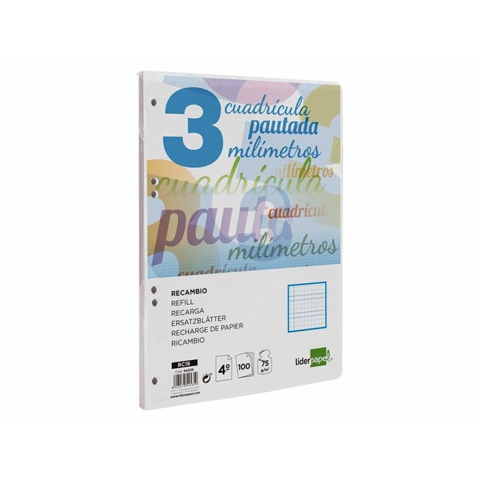 Recambio Liderpapel Cuarto Pautaguia 100 Hojas 75 gr Cuadriculado Pautado 3 mm Con Margen 6 Taladros 3