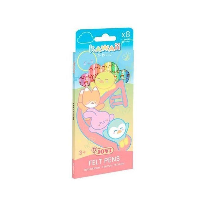 Jovi Rotuladores Kawaii Pastel Felt Pens - Estuche de 8 Unidades, Punta de 3 mm, Grip Triangular Ergonómico