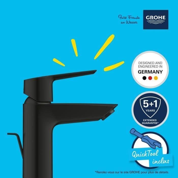 Mezclador monomando de lavabo - GROHE Start - 242092432 - Negro mate - Talla S - Ahorro de agua - Extraíble y desagüe 4