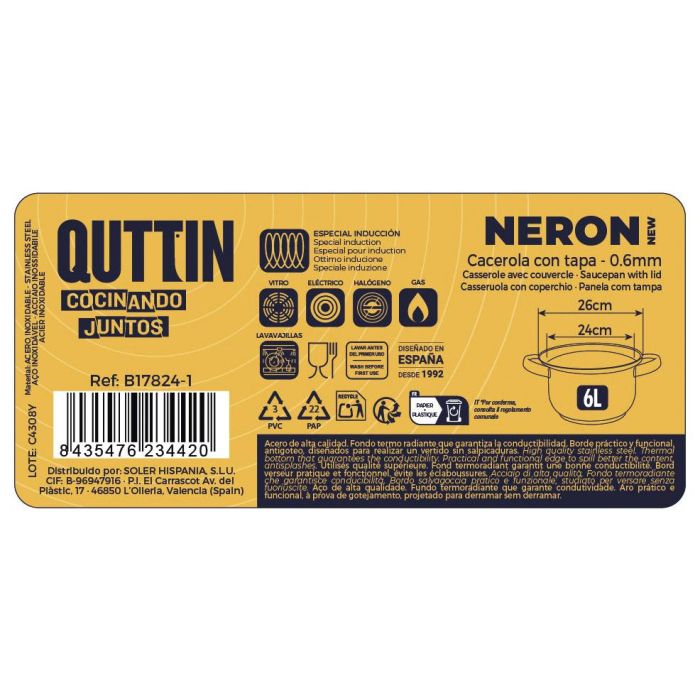 Cacerola New Neron 24 cm (6L) Acero Inoxidable con Tapa - Inde (4 Unidades) 5 Cacerola New Neron 24 cm (6L) Acero Inoxidable con Tapa - Inde (4 Unidades) 5